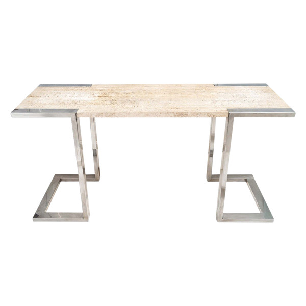 Chrome-plated Metal and Travertine Console Attributed to Romeo Rega, Italy, 1970s