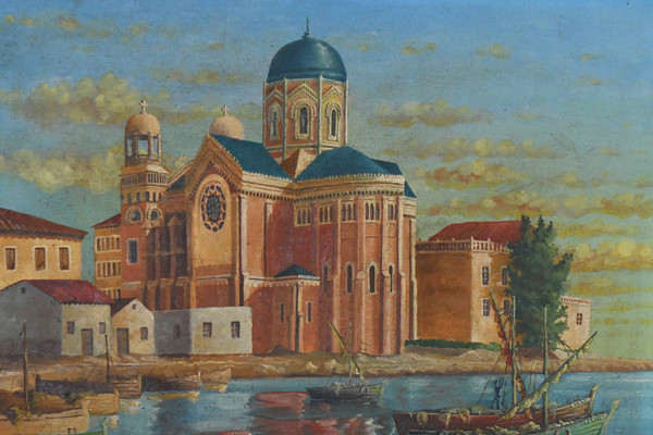 G. ECKERT Huile sur toile « Basilique Notre-Dame-de-la-Victoire de Saint-Raphaël et les barques au port » 