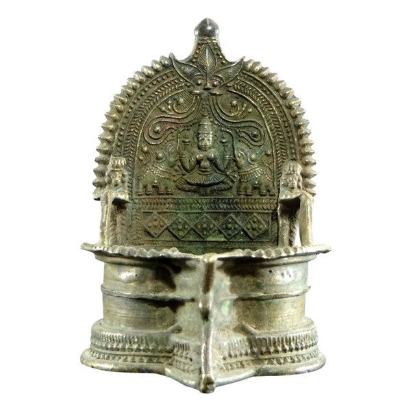 India, Early 19th Century, Bronze Oil Lamp Decor Goddess Lakshmi Anointed By Elephants