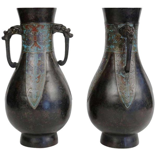 Pair of Japanese bronze vases with enamel decoration