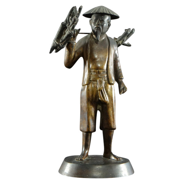 Vietnam, Early 20th Century, Bronze Statuette Peasant Carrying Fagots.