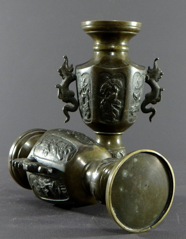 Vietnam, Circa 1900, Nguyen Dynasty, Pair Of Small Bronze Vases.