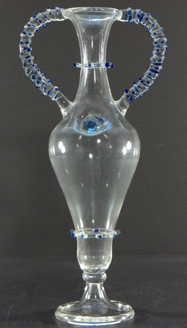 France, 1950s, Blown Glass Vase With Two Handles Added Hot.