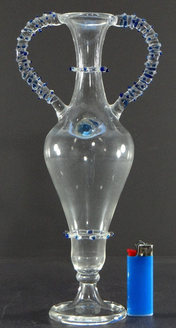 France, 1950s, Blown Glass Vase With Two Handles Added Hot.