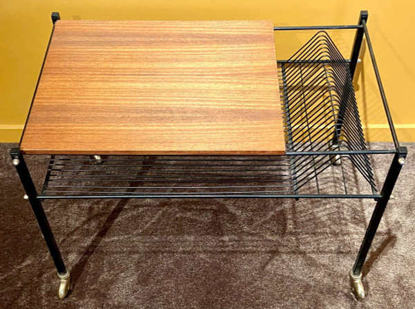 France, 1960s, Coffee Table On Wheels For Storage Records And Books.