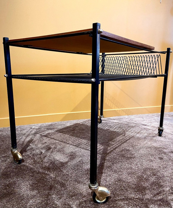 France, 1960s, Coffee Table On Wheels For Storage Records And Books.