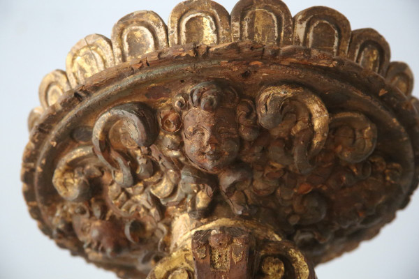 Carved, gilded and painted wood candleholder, Spanish work, 17th century