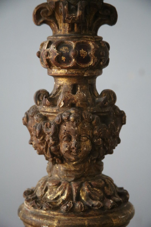 Carved, gilded and painted wood candleholder, Spanish work, 17th century