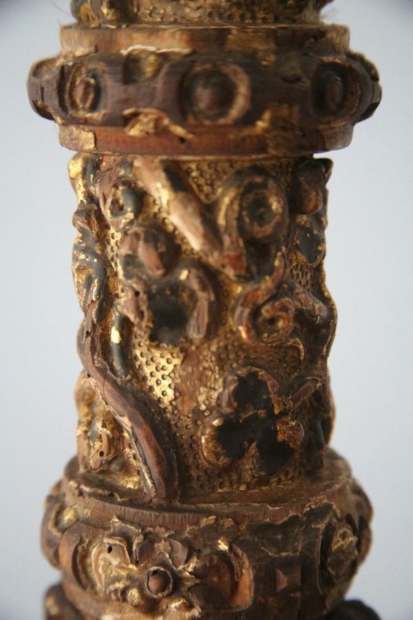 Carved, gilded and painted wood candleholder, Spanish work, 17th century