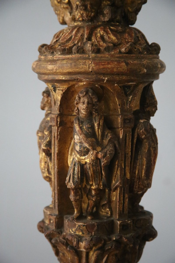 Carved, gilded and painted wood candleholder, Spanish work, 17th century