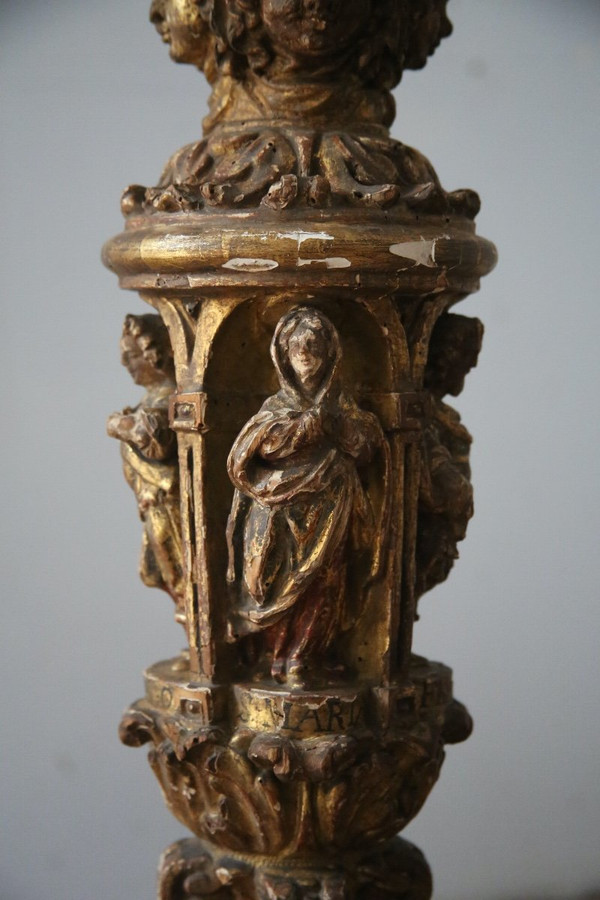 Carved, gilded and painted wood candleholder, Spanish work, 17th century