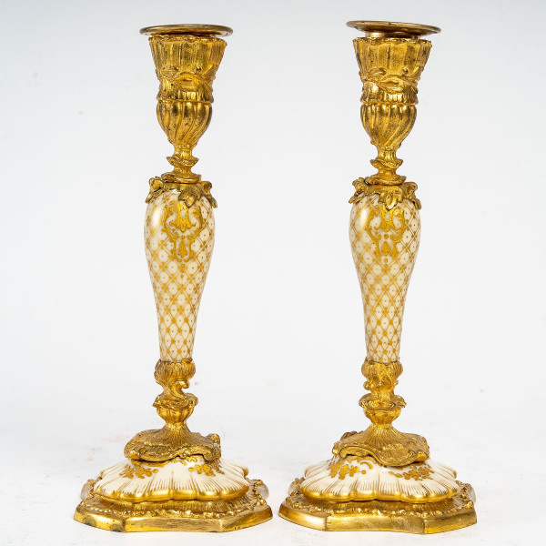 Pair Of Small Miniature Candlesticks In Porcelain And Gilt Bronze 19th Century