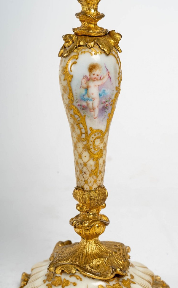 Pair Of Small Miniature Candlesticks In Porcelain And Gilt Bronze 19th Century