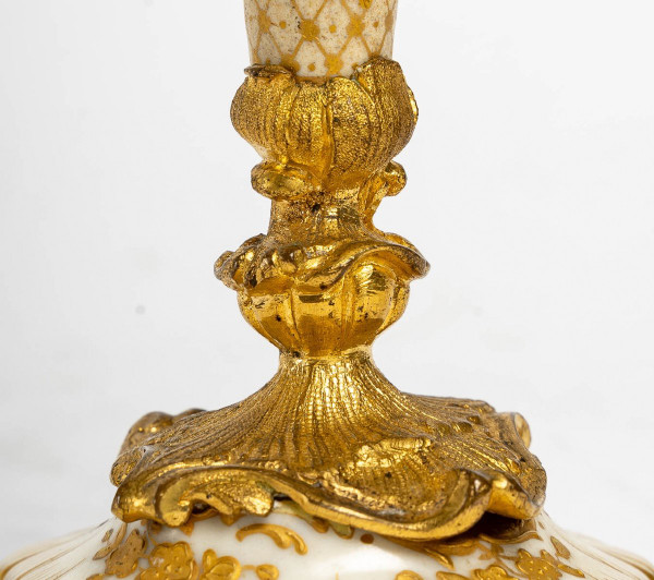 Pair Of Small Miniature Candlesticks In Porcelain And Gilt Bronze 19th Century