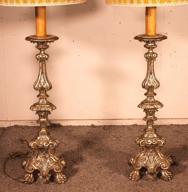 Pair Of Italian Torcheres In Silver Wood Early 19th Century