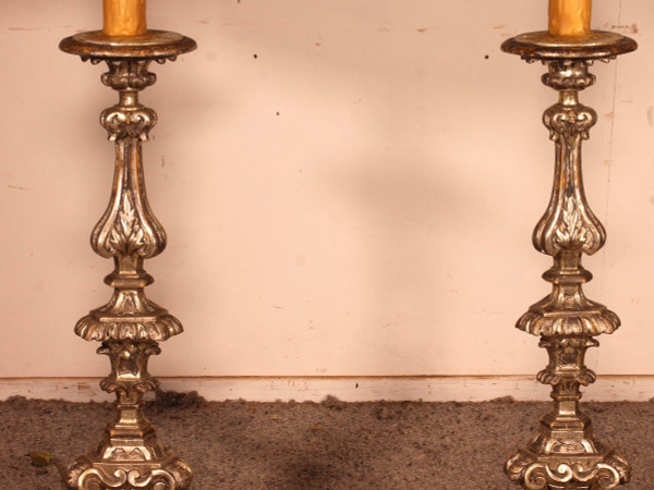 Pair Of Italian Torcheres In Silver Wood Early 19th Century