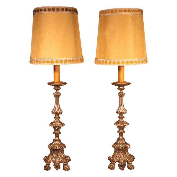 Pair Of Italian Torcheres In Silver Wood Early 19th Century