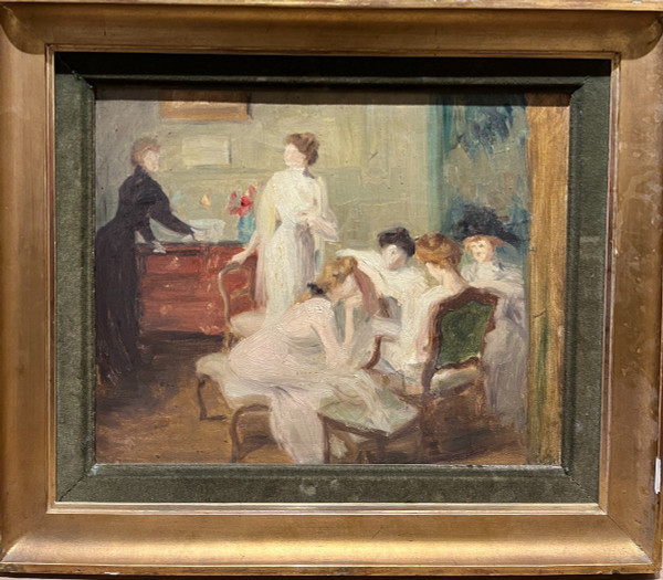 Scuola francese o inglese - Elegantes Au Salon, circa 1900 - 1910 - J.A.W?