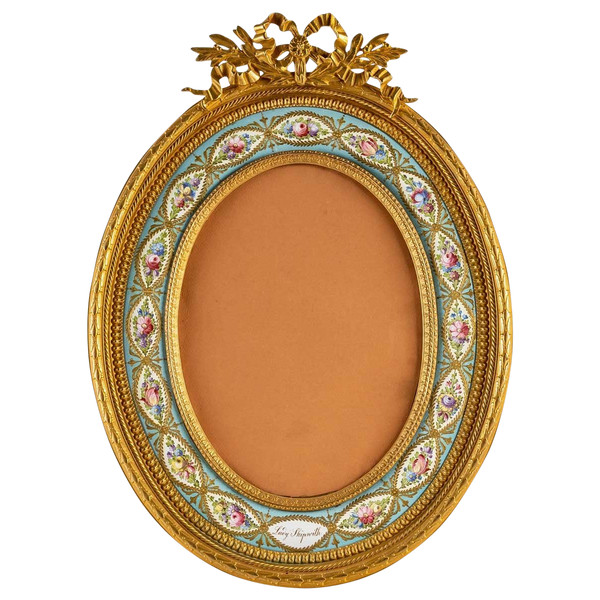 Large Bronze and Enamel Oval Photo Frame Late 19th Century