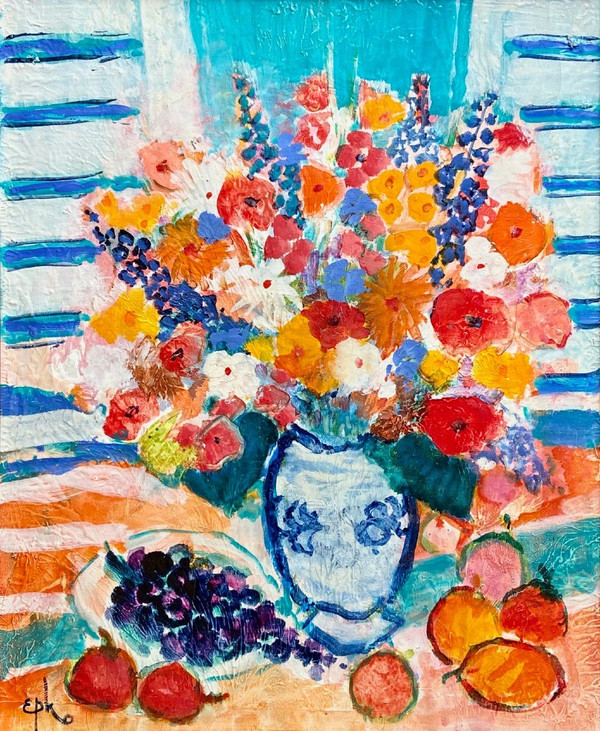 Epko Willering (1928), Tableau Bouquet De Fleurs Et Fruits Datant Des Années 1980 II