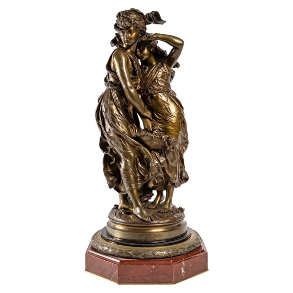 Scultura delle due sorelle con cesto di fiori In bronzo Hippolyte François Moreau