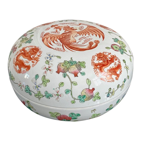 China, Mid-20th Century, Important Round Porcelain Box Decorated With Phoenixes And Dragons.