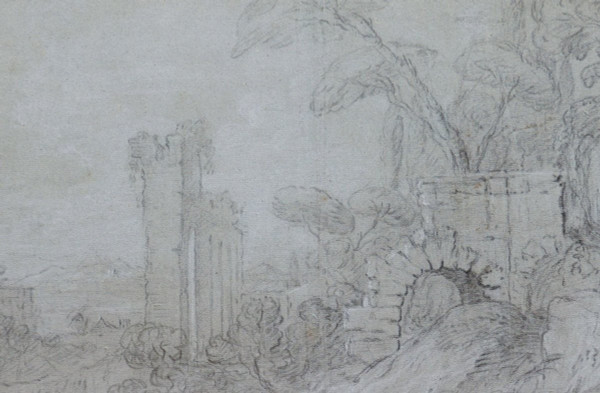 18th century FRENCH SCHOOL, Ruins and figures in an Italian landscape