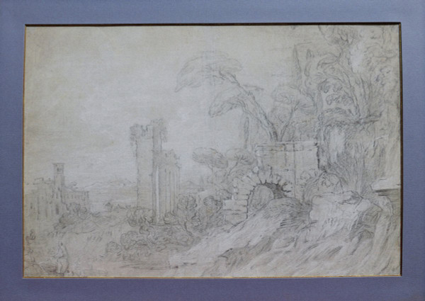 18th century FRENCH SCHOOL, Ruins and figures in an Italian landscape