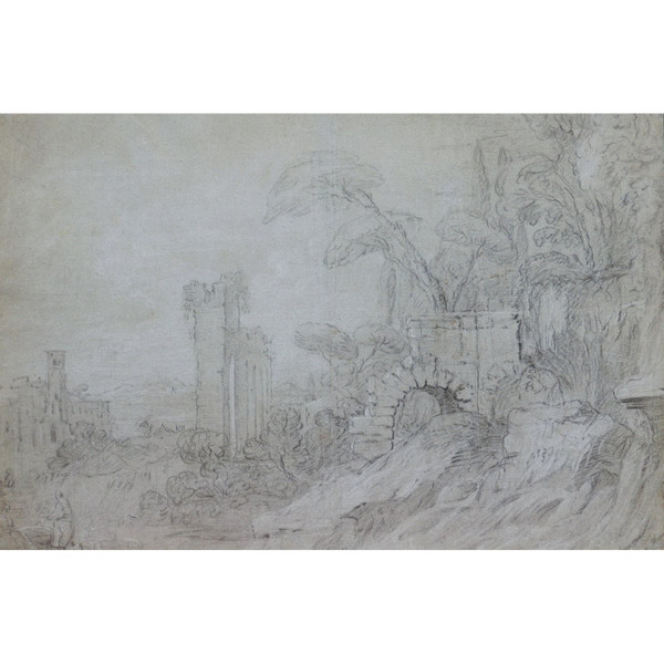 18th century FRENCH SCHOOL, Ruins and figures in an Italian landscape