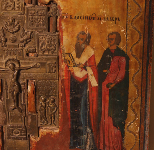 Russian Icon With Processional Cross 19th Century