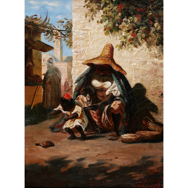 Juliette G., Woman from Morocco and her child playing with a turtle