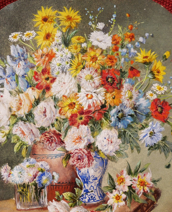 French school circa 1900, Still life with vases and glass of flowers on an entablature