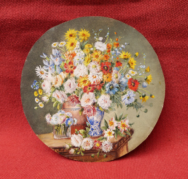 French school circa 1900, Still life with vases and glass of flowers on an entablature