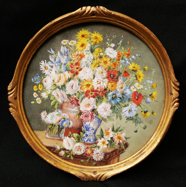 French school circa 1900, Still life with vases and glass of flowers on an entablature