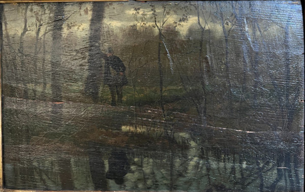 19th Century French School - Barbizon - Country Guard And Reflection In The Water