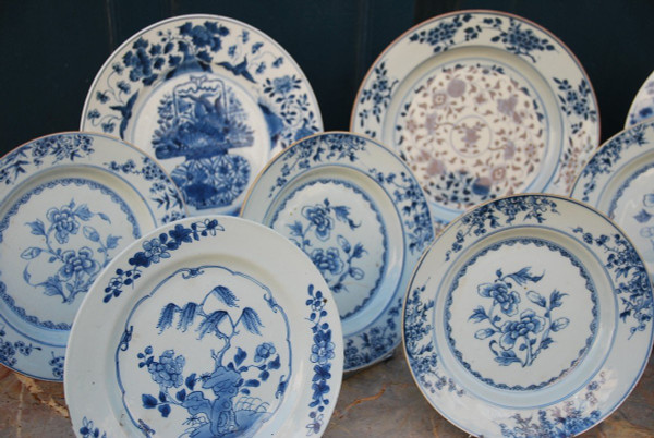 Set of two 17th century blue white dishes and several plates