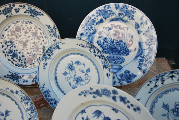 Set of two 17th century blue white dishes and several plates