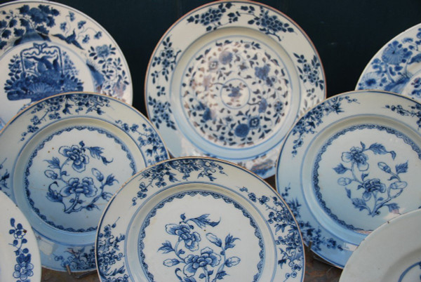 Set of two 17th century blue white dishes and several plates