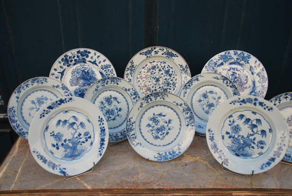 Set of two 17th century blue white dishes and several plates