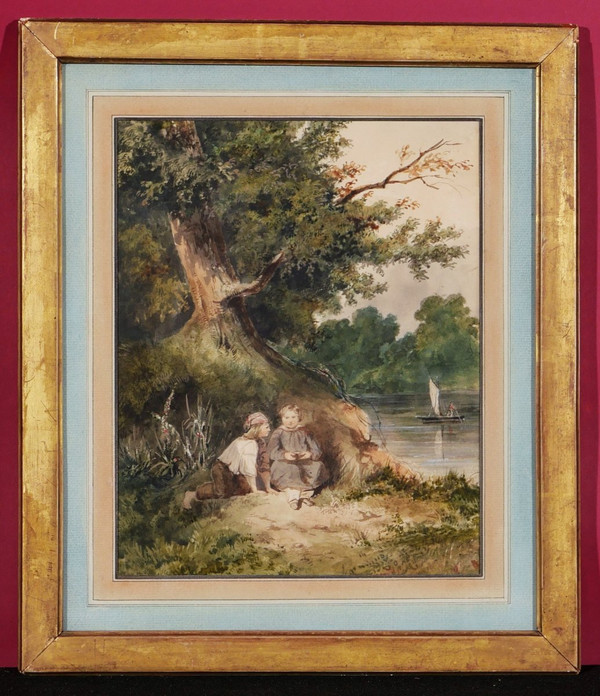 École FRANÇAISE romantique, circa 1830 - 1840, Deux enfants au bord d'une rivière