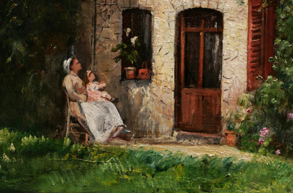 FRENCH school late 19th century, Woman, nanny and child in front of a Norman house