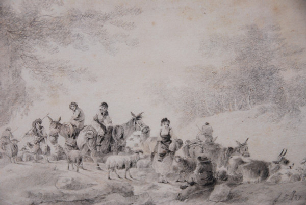 Drawing Scene Of Shepherds And Shepherdesses Signed De Pillement