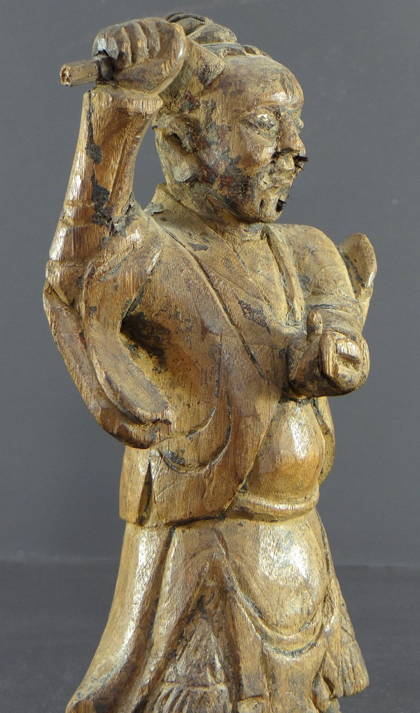 Chine, XVIIIème Siècle, Dynastie Qing, Rare Statue Esprit Démoniaque "yaksha" En Bois Sculpté.