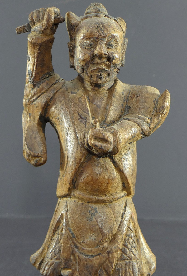 Chine, XVIIIème Siècle, Dynastie Qing, Rare Statue Esprit Démoniaque "yaksha" En Bois Sculpté.