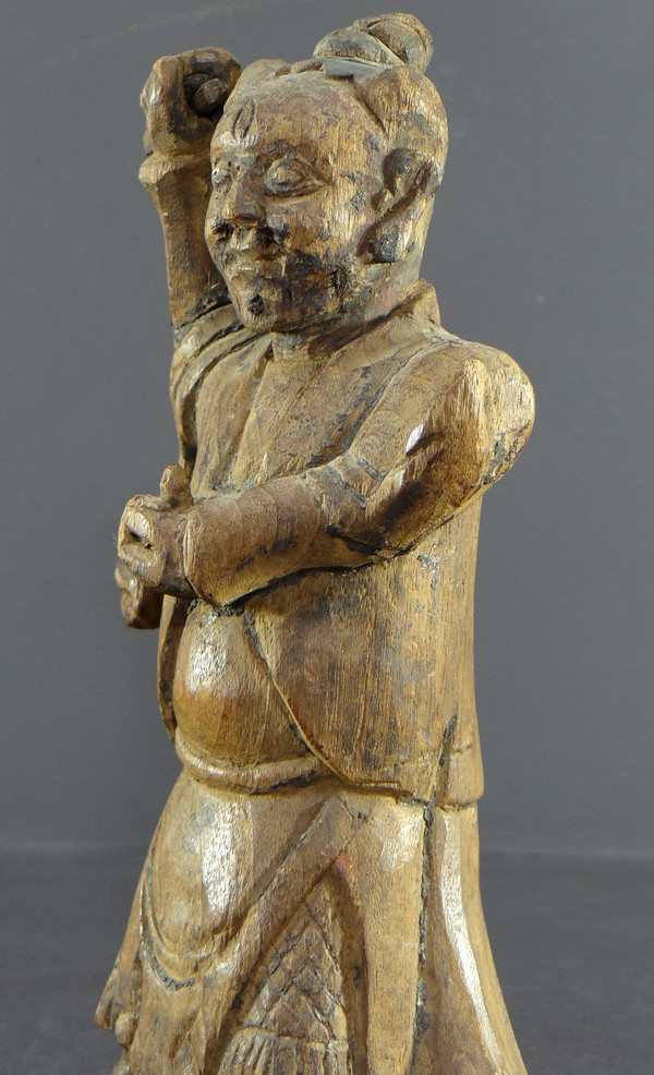 Chine, XVIIIème Siècle, Dynastie Qing, Rare Statue Esprit Démoniaque "yaksha" En Bois Sculpté.