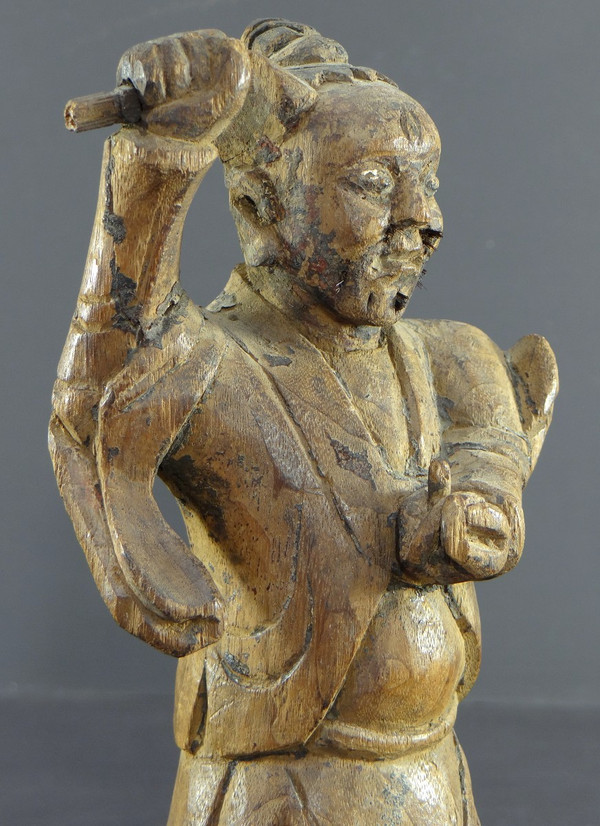 Chine, XVIIIème Siècle, Dynastie Qing, Rare Statue Esprit Démoniaque "yaksha" En Bois Sculpté.