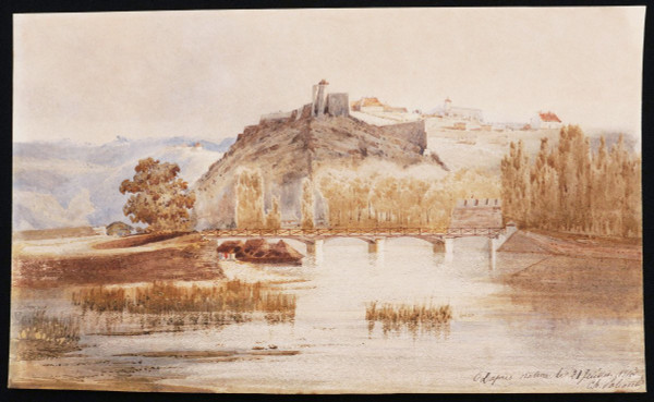 FRENCH school in 1843, Landscape with a fortified village overlooking a river