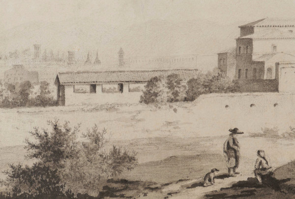 FRENCH school early 19th century, Animated view in Rome: figures, church and ramparts