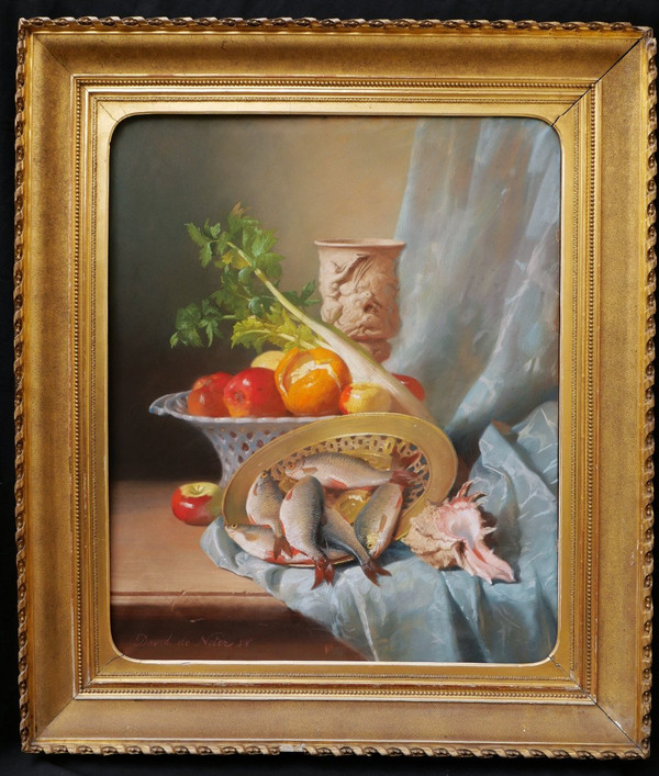 David de NOTER, Nature morte aux fruits, légumes, poissons, coupe et coquillages (large format)