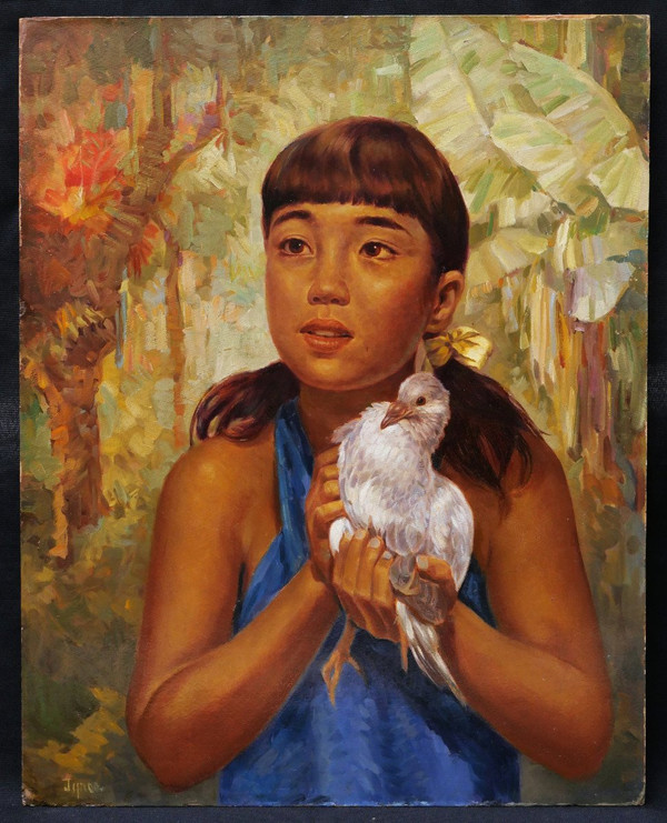 Ralph Burke TYREE, Guam girl in the jungle, holding a bird